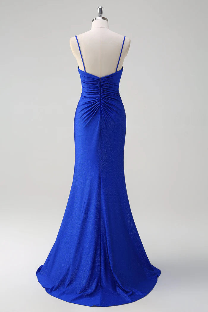 Weitese Dress Glitter Royal Blue Mermaid Spaghetti Straps Ruched Maxi Dress Prom Dress Slit Sweep Brush Train Evening Dress
